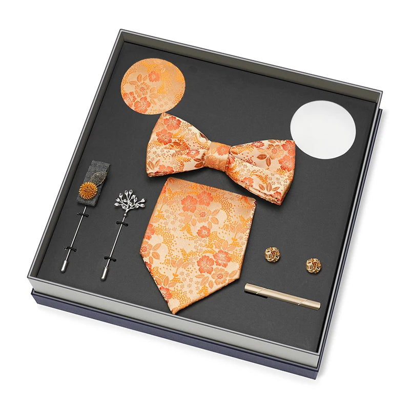 Hot Selling Luxury Men Silk Paisley Gold Necktie Bow Tie Cufflink and Handkerchief Gift Set With Gift Box