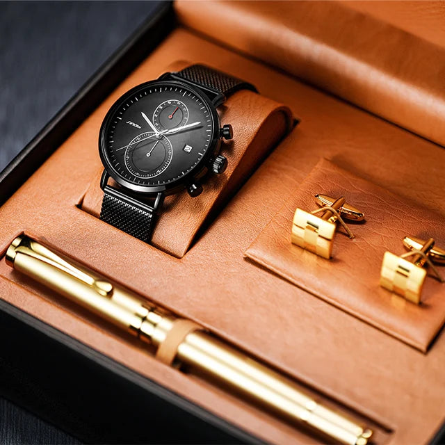 SINOBI Wholesale Exquisite Quality Watch Gift Business Gift Cufflinks Fountain Pen Suit  Quartz Men's Watches Set