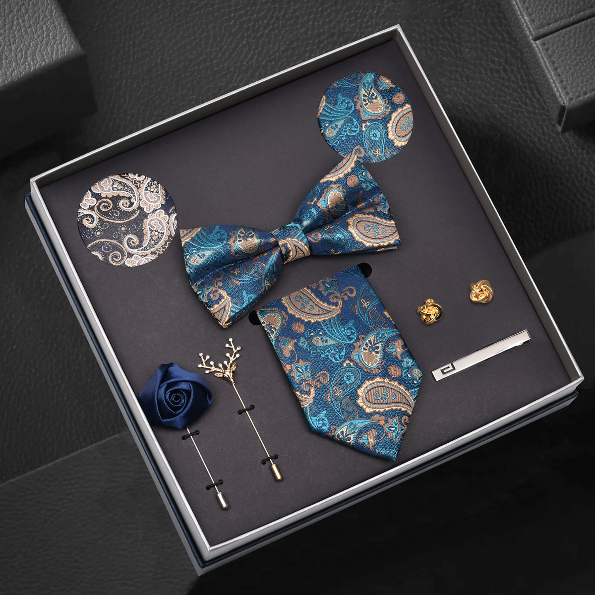 Hot Selling Luxury Men Silk Paisley Gold Necktie Bow Tie Cufflink and Handkerchief Gift Set With Gift Box
