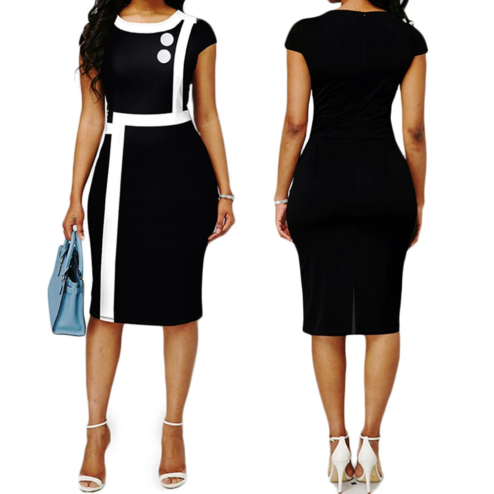 Elegant Patchwork Black White Dress Women Summer O-Neck Short Sleeve Slim Office Lady Pencil Bodycon Dresses Party Vestido