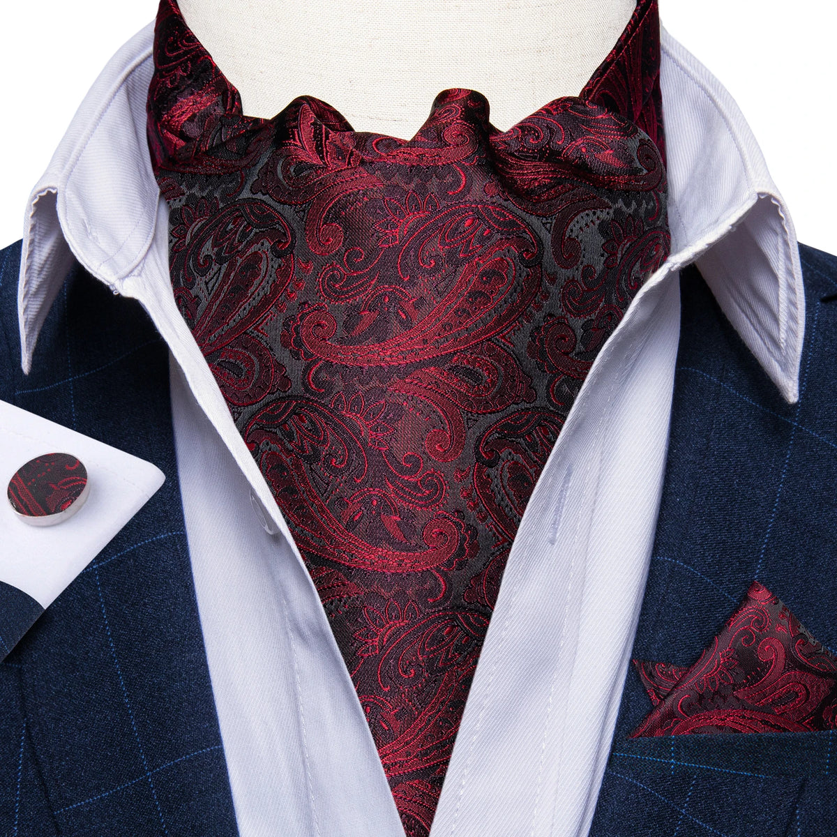 Free Shipping Men's Ascot Cravat Red Black Paisley Jacquard Hankie Cufflinks Tie Set