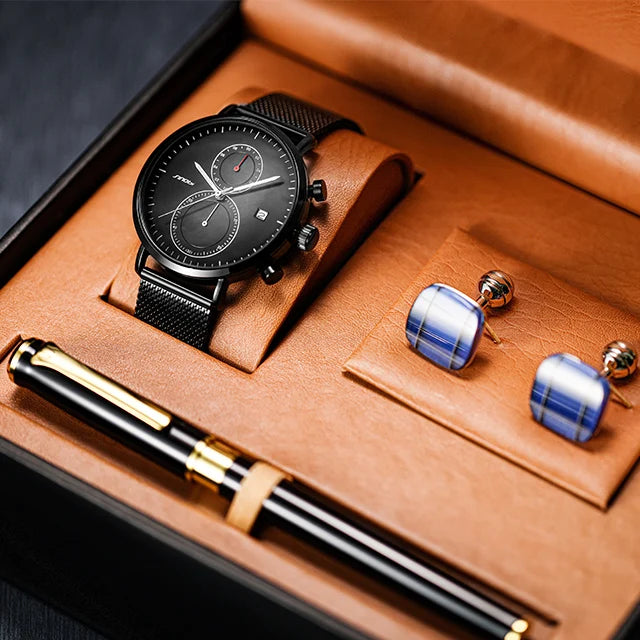 SINOBI Wholesale Exquisite Quality Watch Gift Business Gift Cufflinks Fountain Pen Suit  Quartz Men's Watches Set