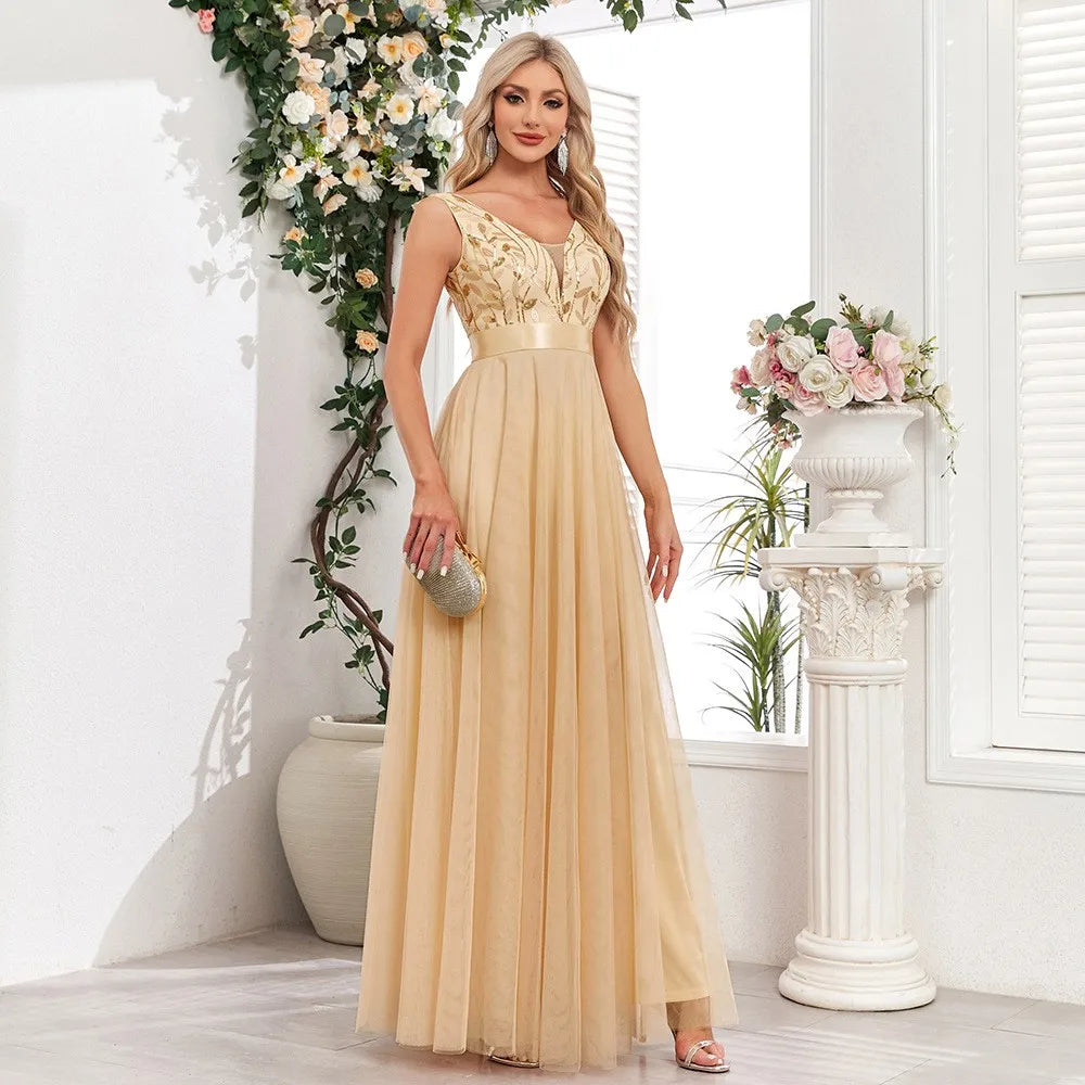 TW00075 Trendy Bridesmaid Dresses Sleeveless V-Neck Elegant A-line Long Party Evening Dresses 2024 Tulle Embroidery Prom Dresses