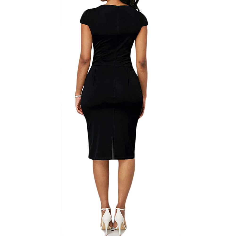 Elegant Patchwork Black White Dress Women Summer O-Neck Short Sleeve Slim Office Lady Pencil Bodycon Dresses Party Vestido