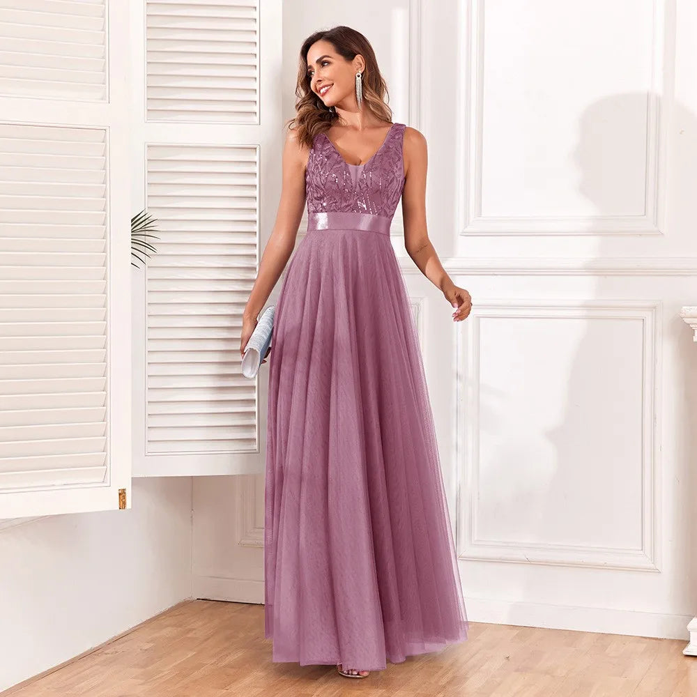 TW00075 Trendy Bridesmaid Dresses Sleeveless V-Neck Elegant A-line Long Party Evening Dresses 2024 Tulle Embroidery Prom Dresses