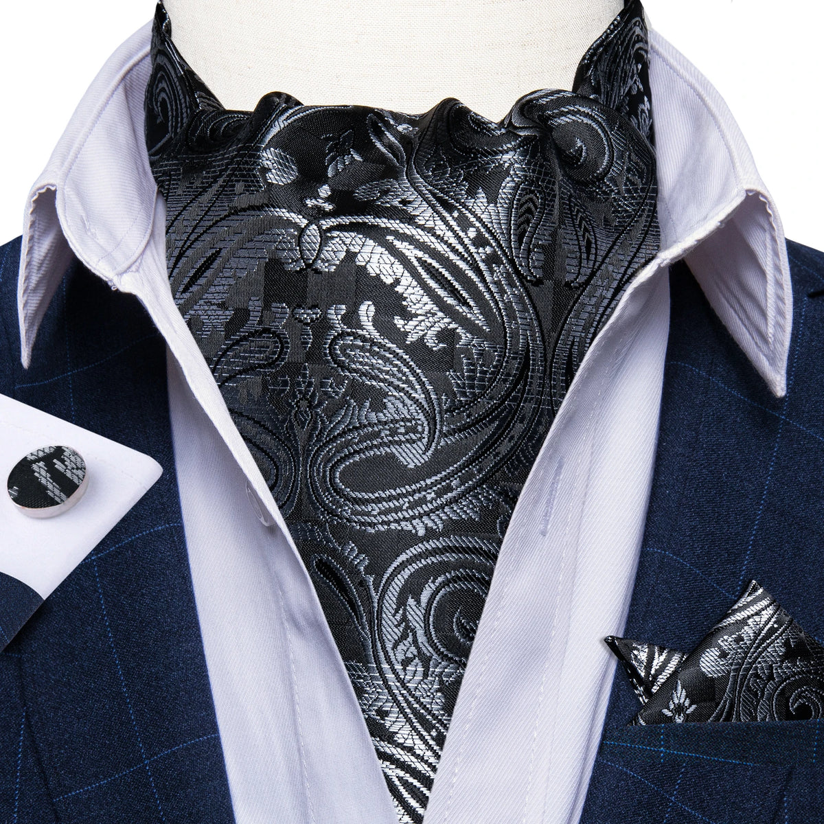 Free Shipping Men's Ascot Cravat Red Black Paisley Jacquard Hankie Cufflinks Tie Set