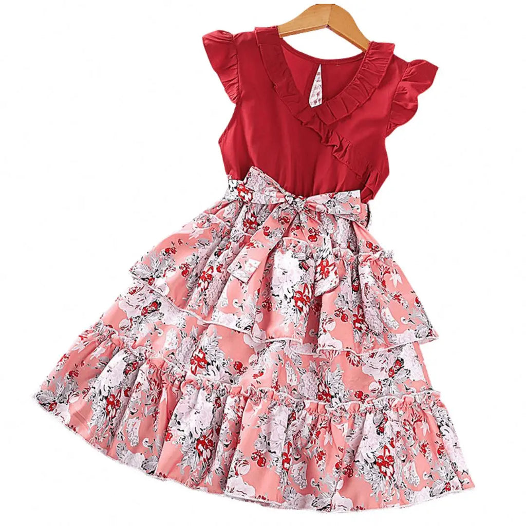 Girls' Dresses 7-12 Years Summer Sleeveless Baby Clothes Printed Flowers Ruffles Kids Clothing Girl Dress