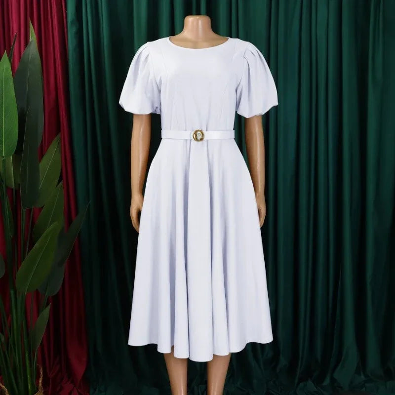 Ladies Office Dresses Women Formal Work O-Neck Puff Sleeve Wrap Waist A-line Dresses with Belt Bodycon Dress African Dresses
