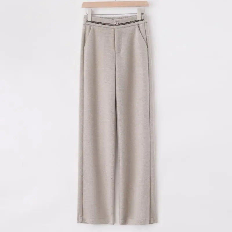 Fashion Office Lady Autumn Winter New Woolen Pants Women Solid Pockets Elastic High Waist Plus Velvet Straight Wide Leg Trousers