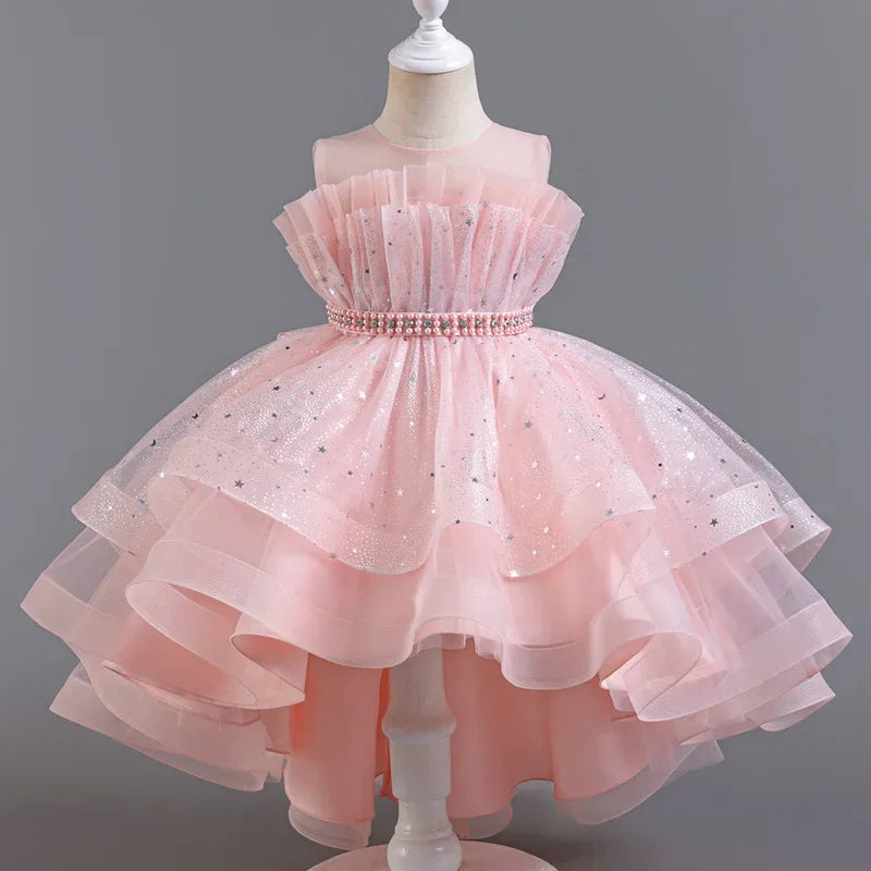 Lace Mesh Sleeveless Party Dress for Kids Girl Fashion Solid Color Girls Party Dresses Summer Evening Dresses 3-12 Years
