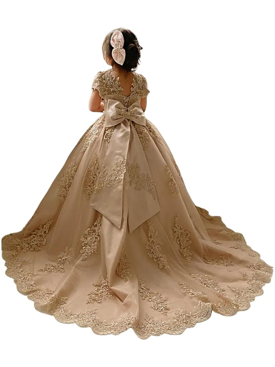 Girls Princess Flower Girl Dresses for Wedding With Bow-knot Beaded Appliques Pageant Dress Kids Long Train Wedding Party Gowns