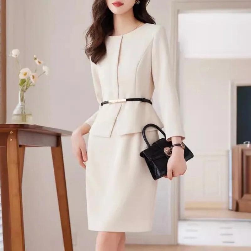 Women's Professional Dresses Suits, Women's Slim Temperament, Hip Dress Skirts, Hosts, Hotel Office Lady Overalls with Belt