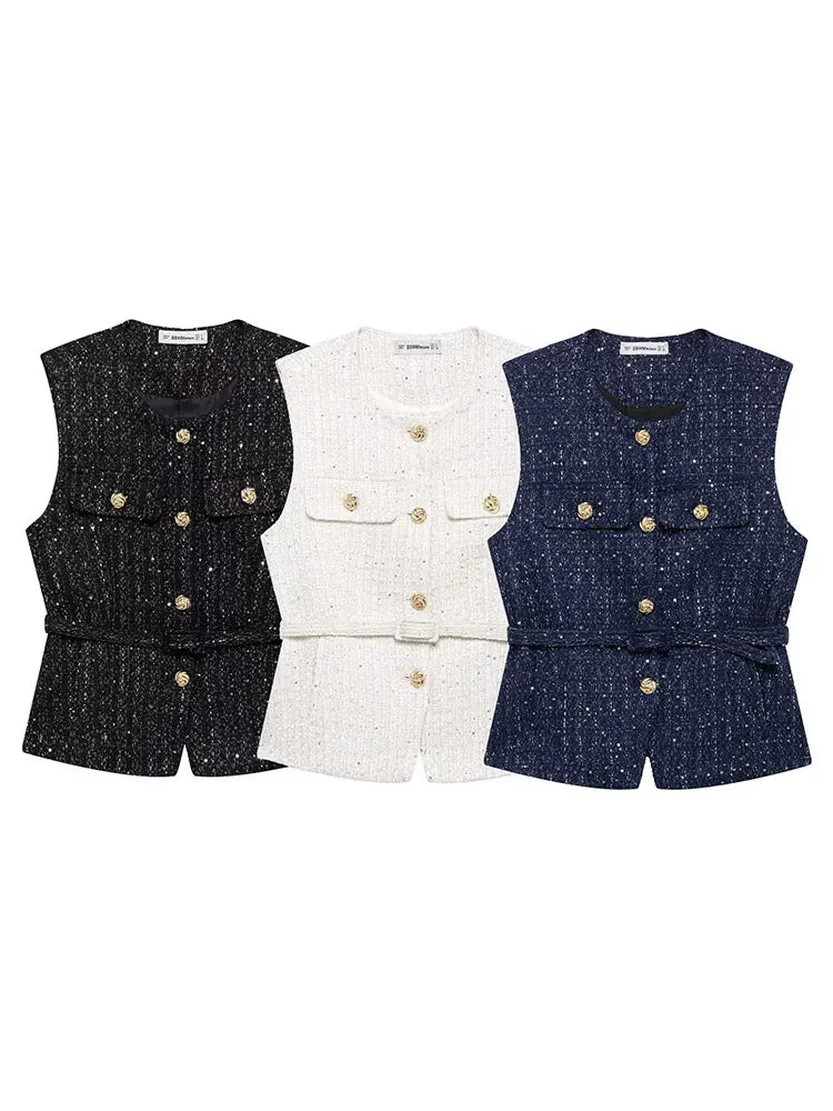 HH Women Fashion Tweed Belt Waistcoat O Neck Single Breasted Sleeveless Vests Spring Summer Office Lady Outerwear Chic Tops