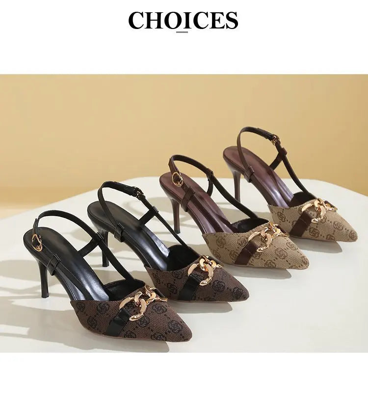 2025 Women's Fashion Baotou Sandals Spring New Pointed Head Shallow Mouth Metal Buckle Anti-slip Wear-resistant High Heels