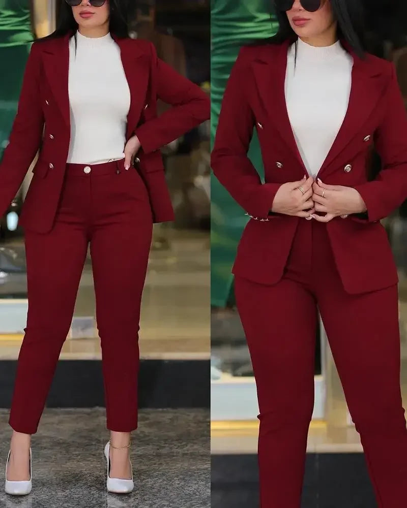 Sets for Women 2 Pieces Autumn Fashion Notched Neck Long Sleeve Blazer & Elegant High Waist Work Pants Set Office Lady