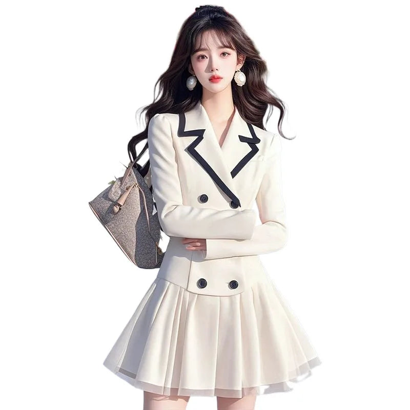 Office Blazer Dress Women Elegant Preppy Style Pleated Blazer Short Dress Fashion double-breasted Lapel Party Evening Dress Y2K