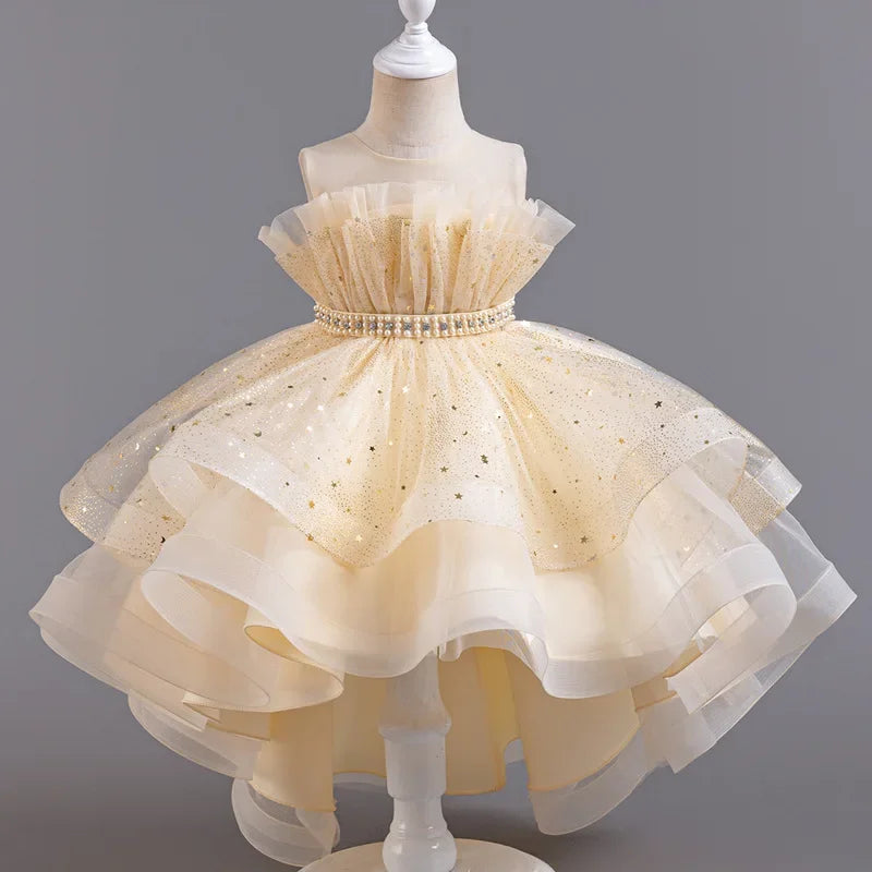 Lace Mesh Sleeveless Party Dress for Kids Girl Fashion Solid Color Girls Party Dresses Summer Evening Dresses 3-12 Years