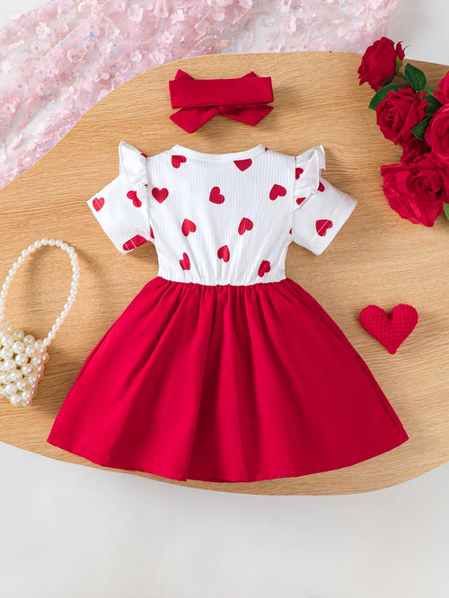 0-3 Year Baby girl Dress Round neck Heart-shaped Printed Bow, Princess Dress+Headband Toddler Baby girl Summer Party Dress