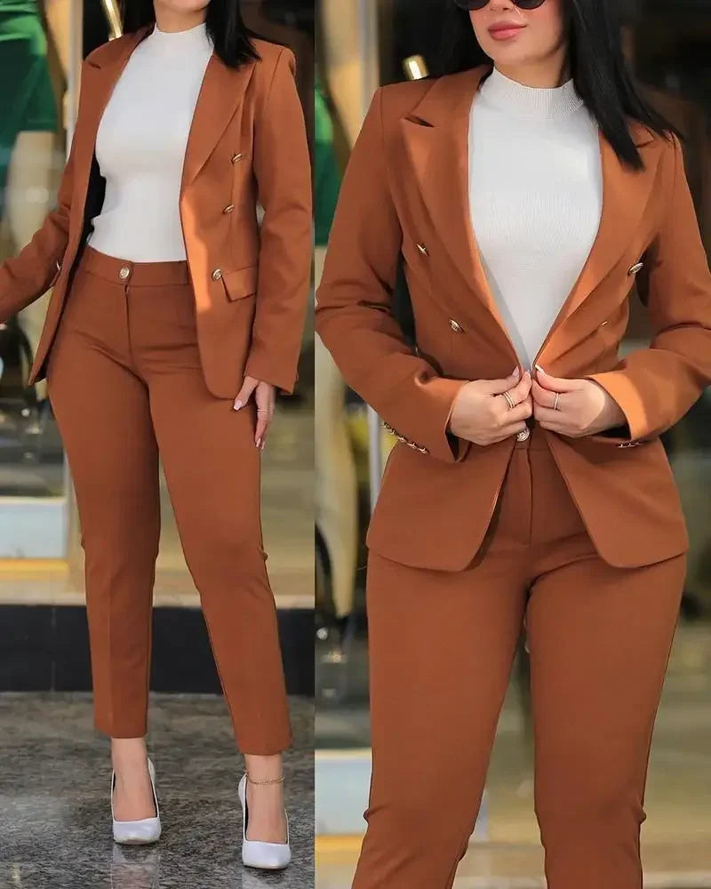 Sets for Women 2 Pieces Autumn Fashion Notched Neck Long Sleeve Blazer & Elegant High Waist Work Pants Set Office Lady
