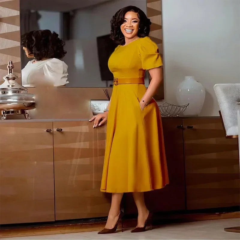Ladies Office Dresses Women Formal Work O-Neck Puff Sleeve Wrap Waist A-line Dresses with Belt Bodycon Dress African Dresses