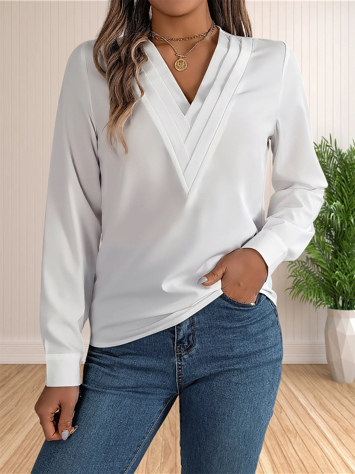 Women's Elegant Business Office Blouse Layered V Neck Long Sleeve 2024 Dressy Shirts Work Tops