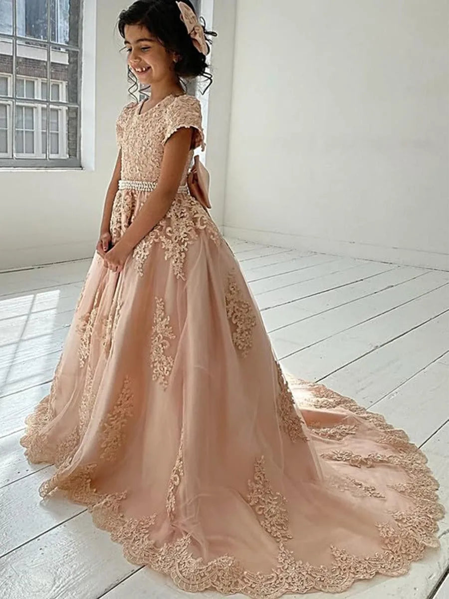 Girls Princess Flower Girl Dresses for Wedding With Bow-knot Beaded Appliques Pageant Dress Kids Long Train Wedding Party Gowns