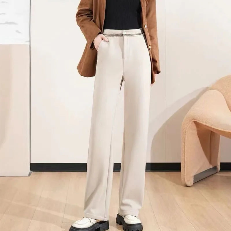 Fashion Office Lady Autumn Winter New Woolen Pants Women Solid Pockets Elastic High Waist Plus Velvet Straight Wide Leg Trousers