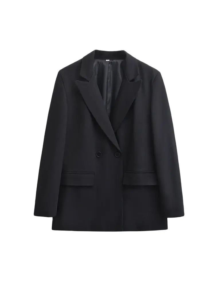Women's Double Breasted Office Wear Blazer Coat, Long Sleeve, Flap Pockets, Female Outerwear, Chic Tops, Fashion
