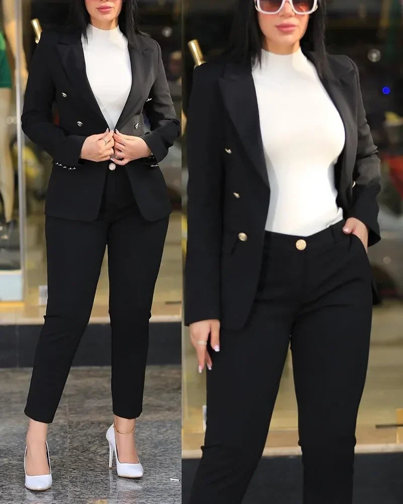 Sets for Women 2 Pieces Autumn Fashion Notched Neck Long Sleeve Blazer & Elegant High Waist Work Pants Set Office Lady
