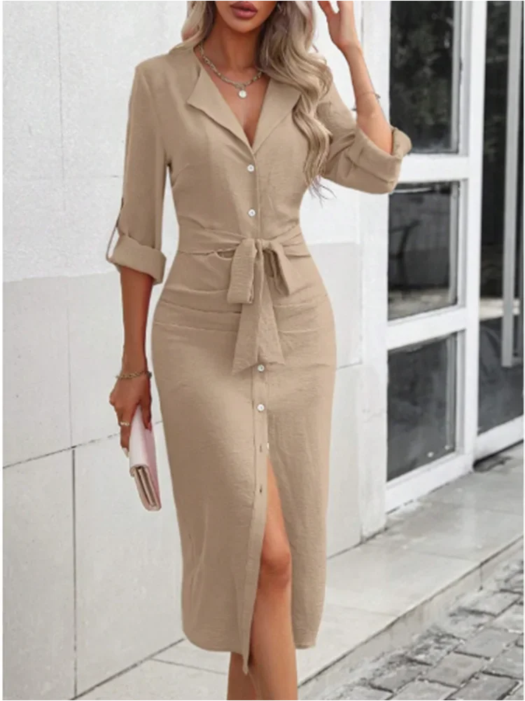 Office Lady V-neck Solid Color Shirts Style Dress Women's Long Sleeved Button Lace Up Dress Elegant Autumn Spring Dresses