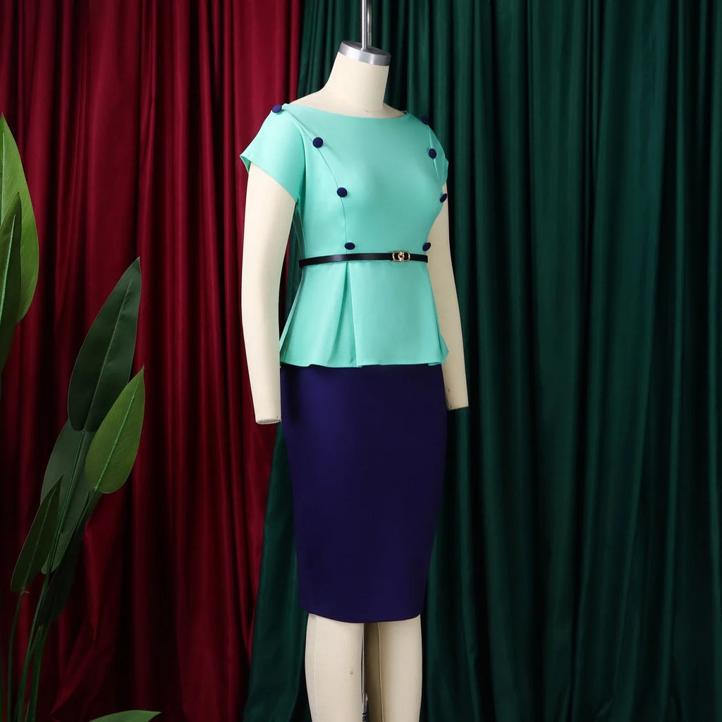 Elegant Office Dresses for Women O Neck Short Sleeve Belt Waisted Package Hips Mid Calf Professional Business Work Dress Midi OL