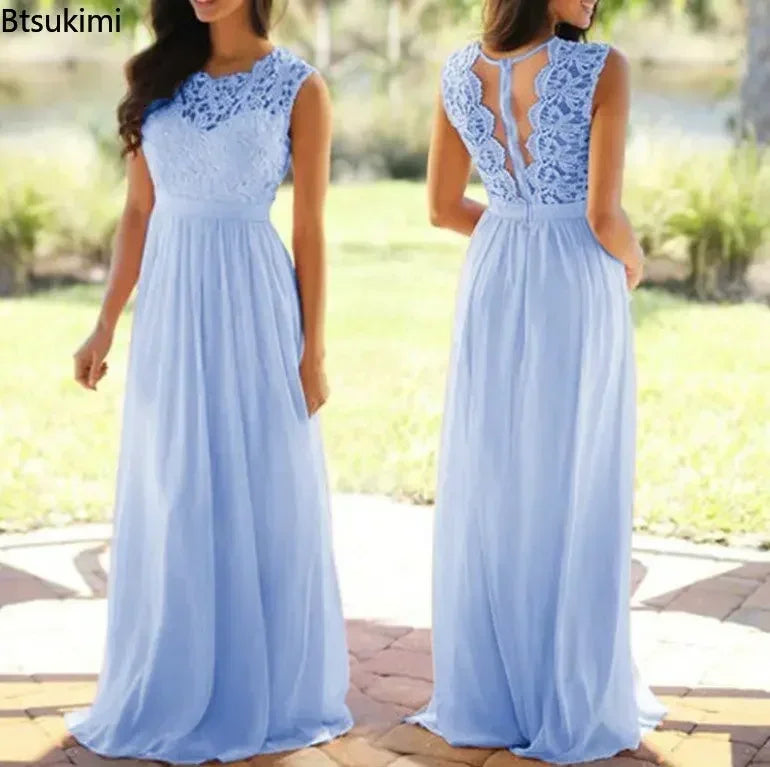 2026 Women Elegant Lace Patchwork Long Dress Female Solid Wedding Bridesmaid Party Maxi Dress Robe Femme Vestidos Dresses S-5XL