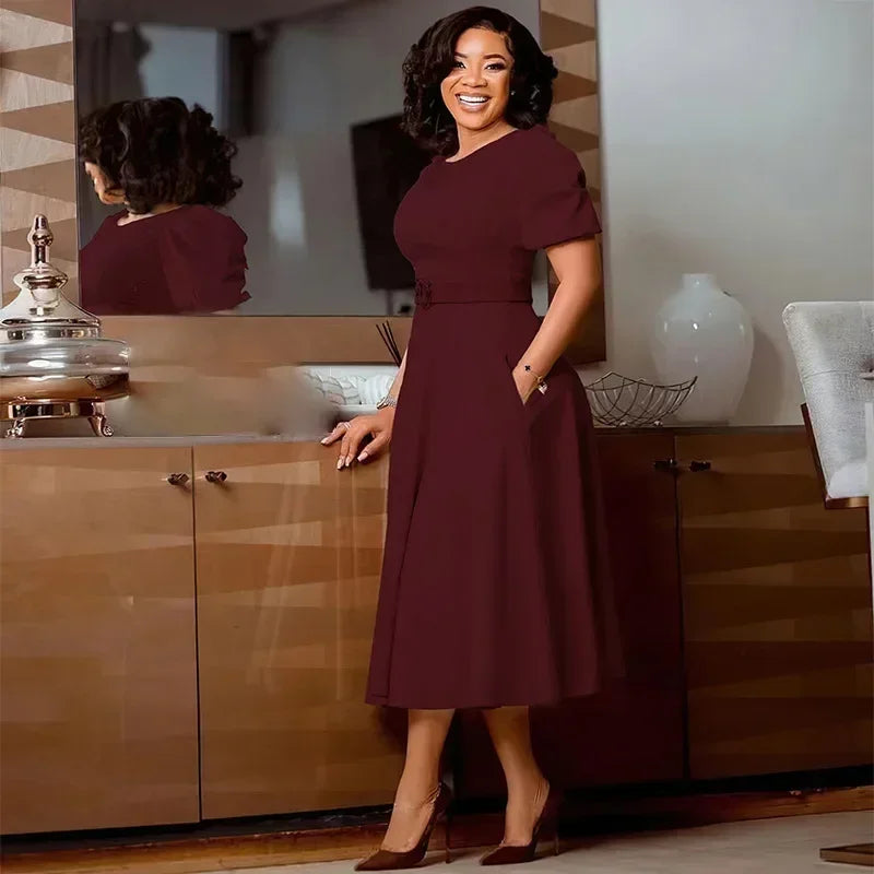 Ladies Office Dresses Women Formal Work O-Neck Puff Sleeve Wrap Waist A-line Dresses with Belt Bodycon Dress African Dresses