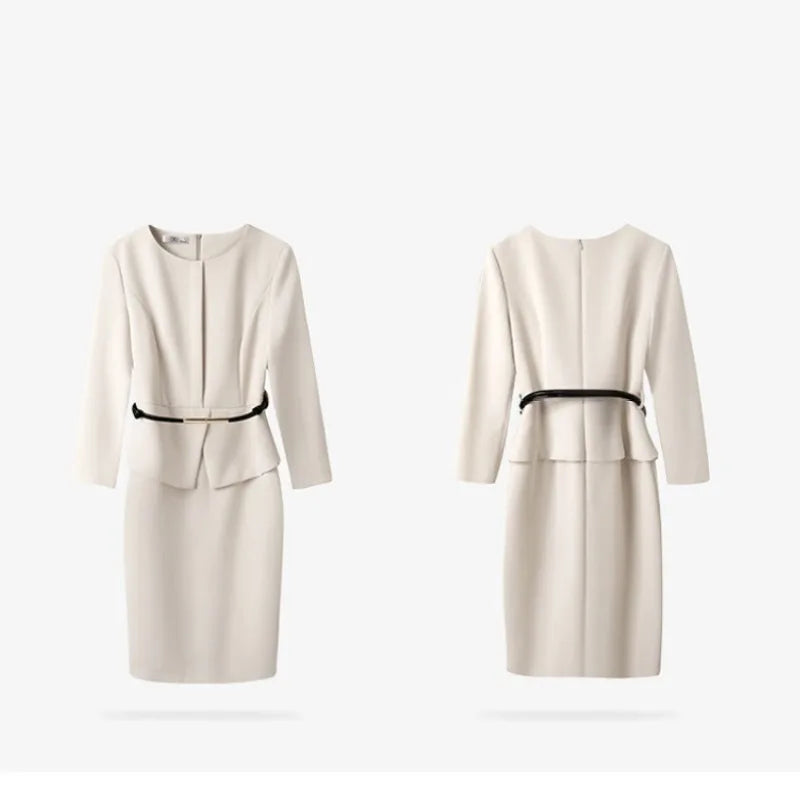 Women's Professional Dresses Suits, Women's Slim Temperament, Hip Dress Skirts, Hosts, Hotel Office Lady Overalls with Belt