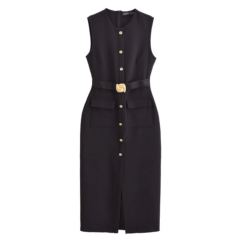MUJER 2025 Womens Dresses Black Office Long Dresses for Women Spring Sleeveless Midi Dress Woman Belt Button Women's Dress Vest