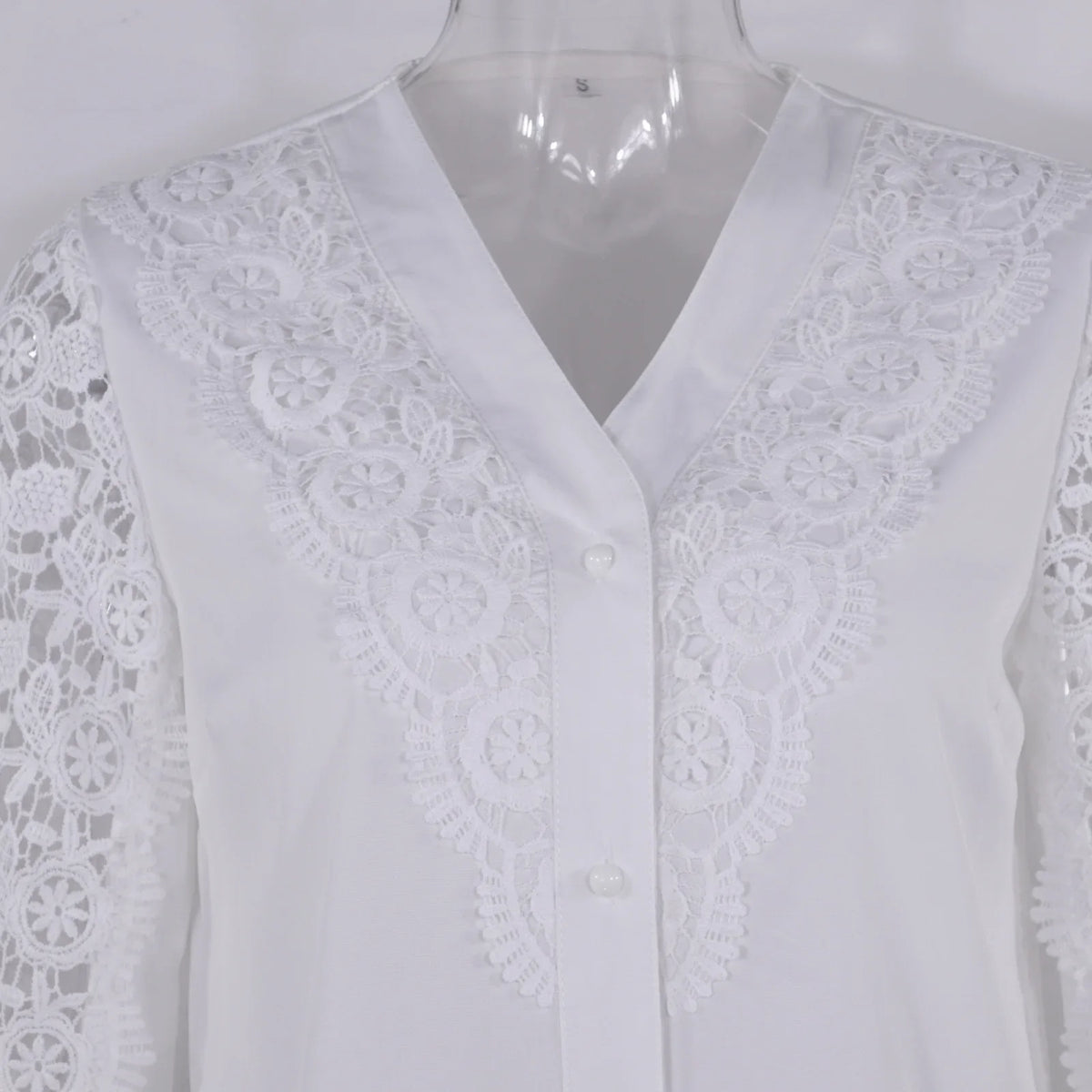 Women's Blouses White Office Spring Casual Button V-neck Long Sleeve Elegant Hook Flower Hollow Shirt For Female