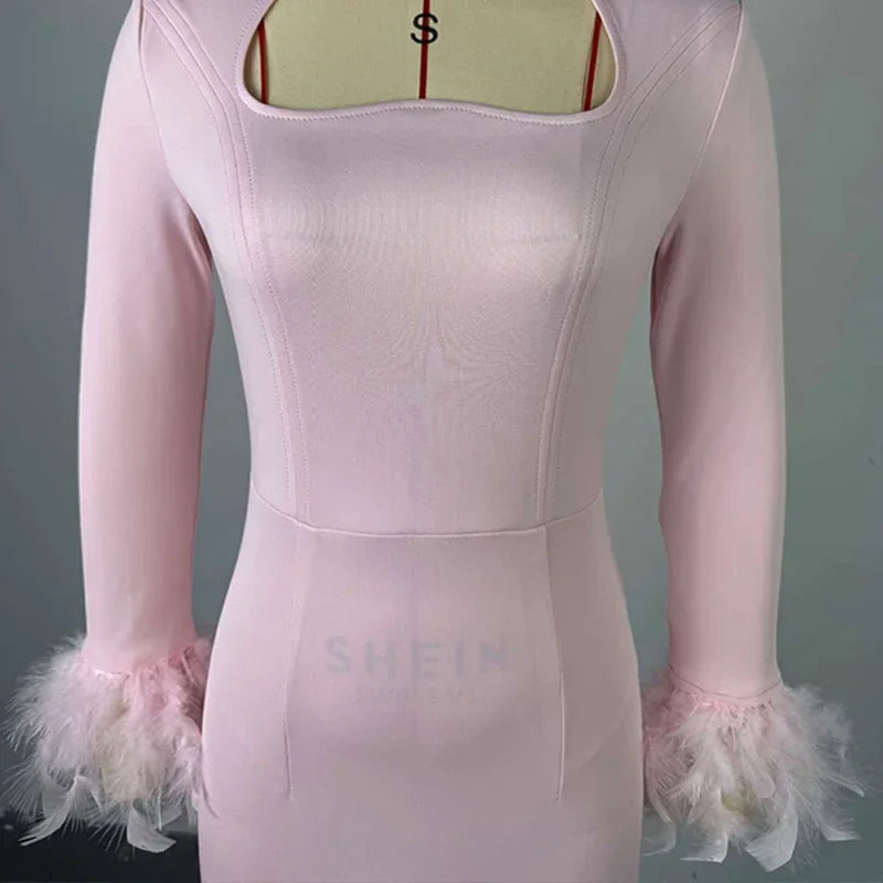 New Arrival Women Sexy High Waisted Long Sleeve Feather Trim Split Bandage Dress OL 2025 Elegant Evening Club Party Dresses
