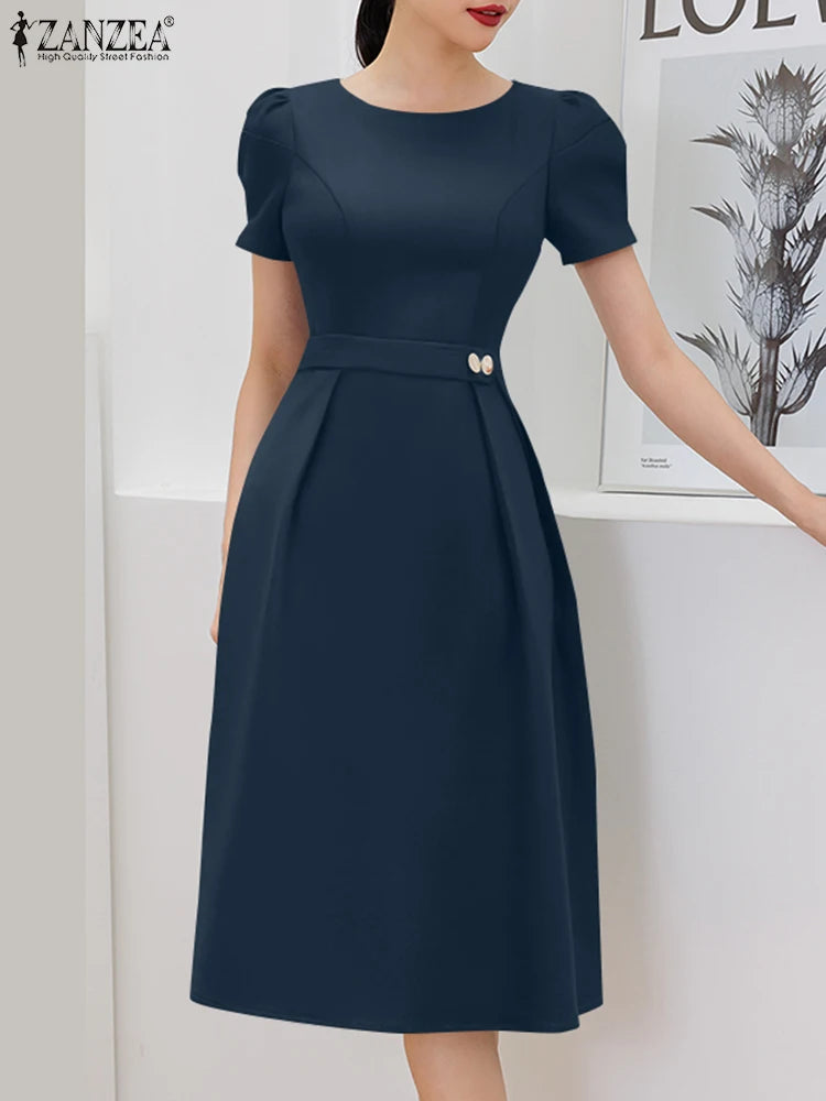 ZANZEA Office Women Dresses 2025 Fashion Summer Dress Elegant O Neck Short Sleeve Work Midi Vestido Stylish Solid Party Sundress