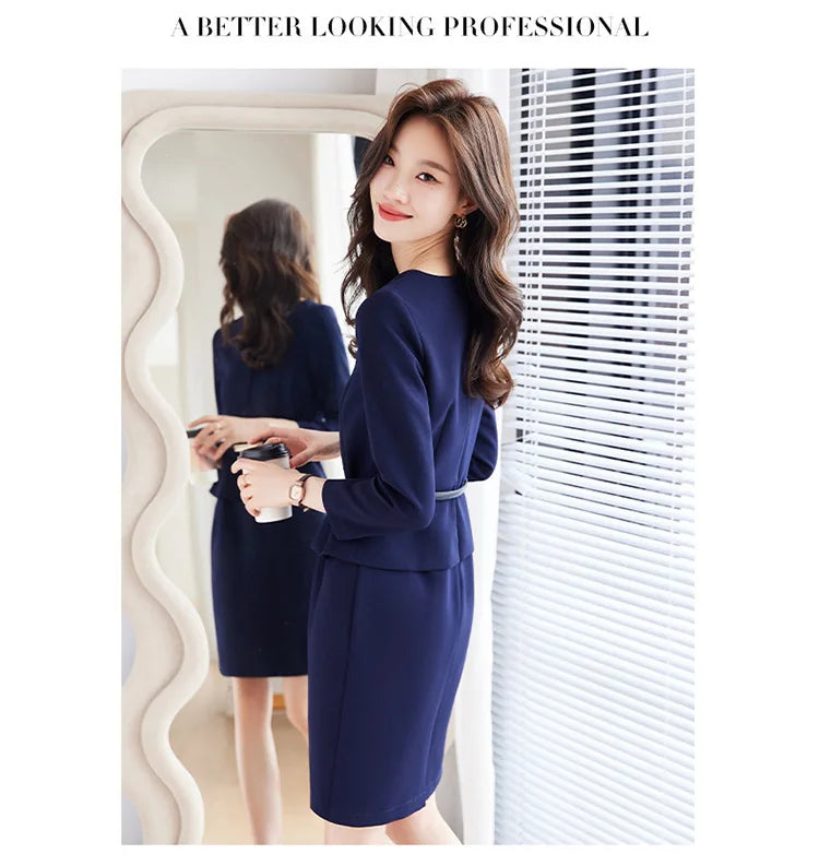 Women's Professional Dresses Suits, Women's Slim Temperament, Hip Dress Skirts, Hosts, Hotel Office Lady Overalls with Belt