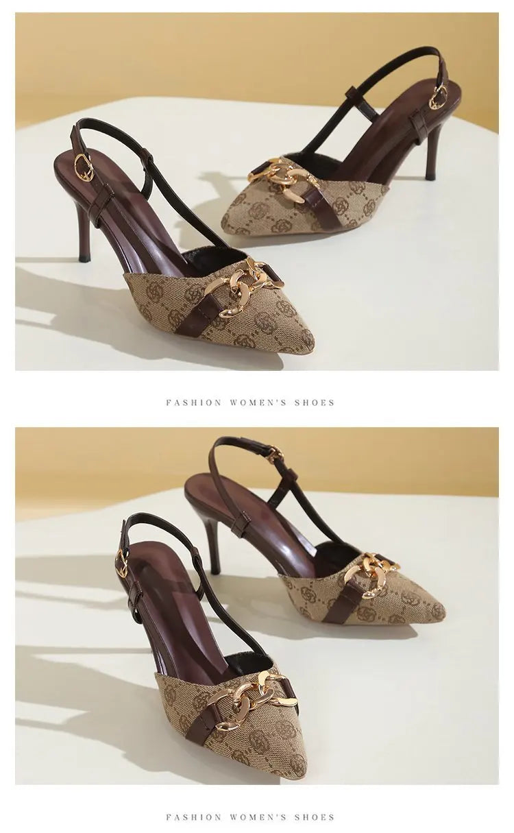 2025 Women's Fashion Baotou Sandals Spring New Pointed Head Shallow Mouth Metal Buckle Anti-slip Wear-resistant High Heels