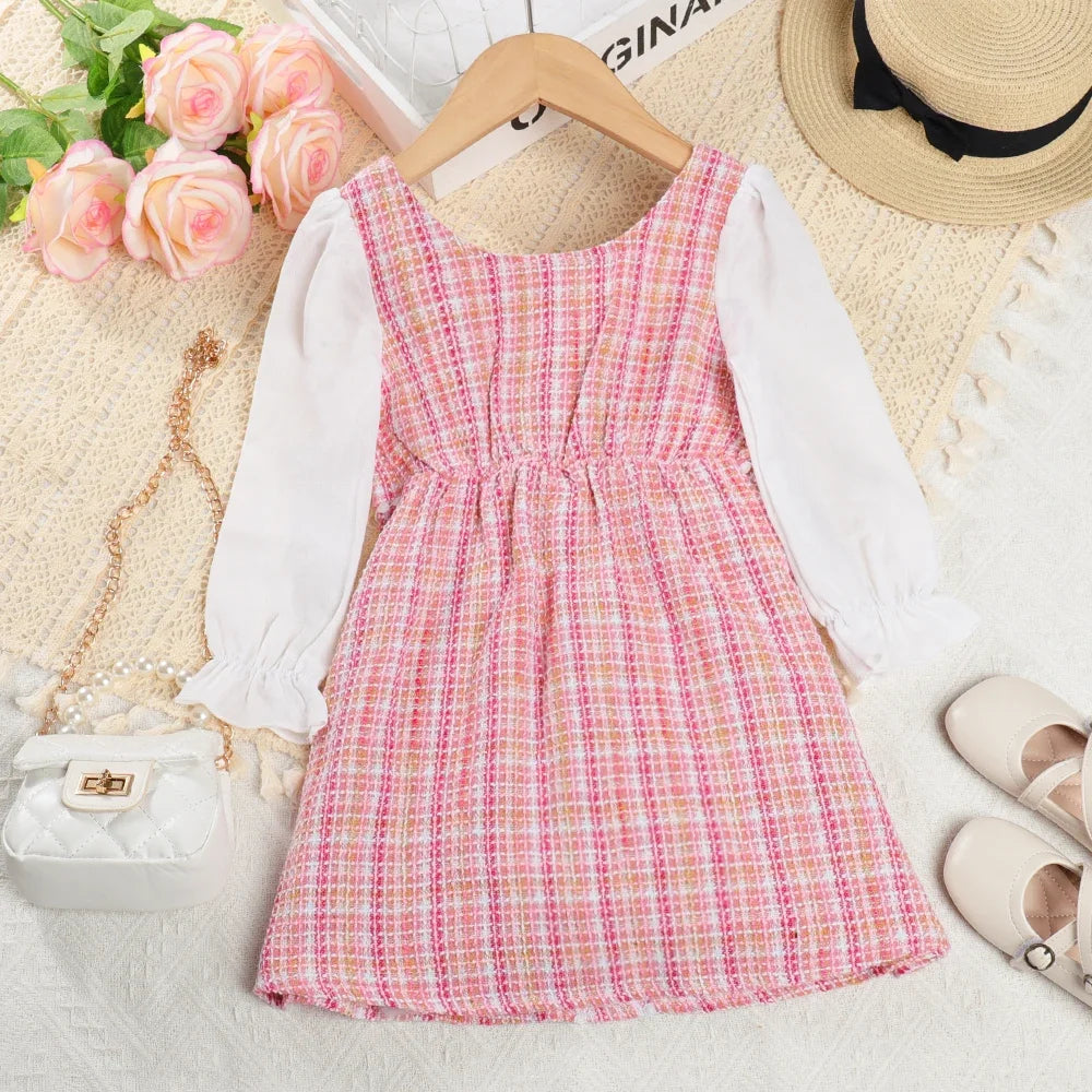 Menoea Girls' Dress 2023 Autumn New Girls' Round Neck Plaid Lace Button Long Sleeve Dress Girls' Fashion Patchwork Dress