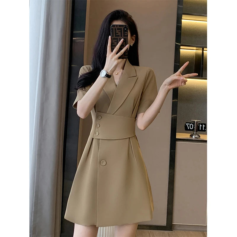 Summer New Office Lady Elegant Fashion Waist Dress Femme Short Sleeve Temperament Solid Robe Vestidos De Fiesta Women's Clothing