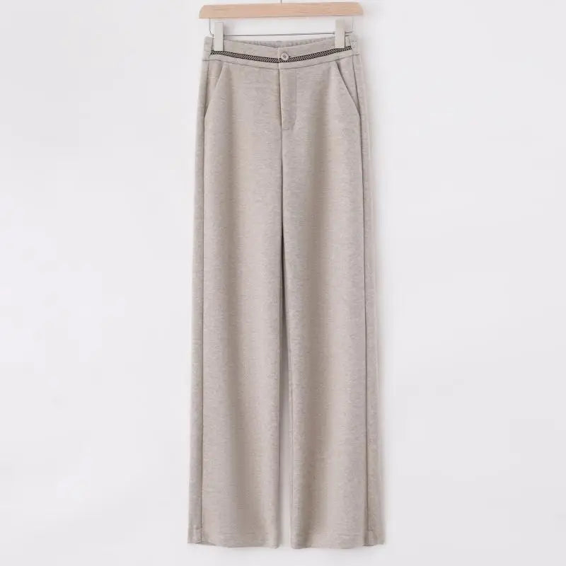 Fashion Office Lady Autumn Winter New Woolen Pants Women Solid Pockets Elastic High Waist Plus Velvet Straight Wide Leg Trousers