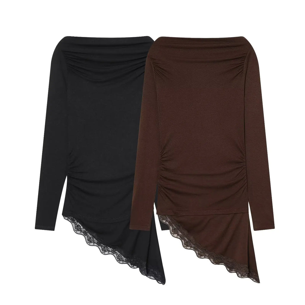 Women's T-Shirts Spring Autumn Fashion Lace Hem T Shirts for Women Asymmetry Streetwear Long Sleeve Slim Casual Tops