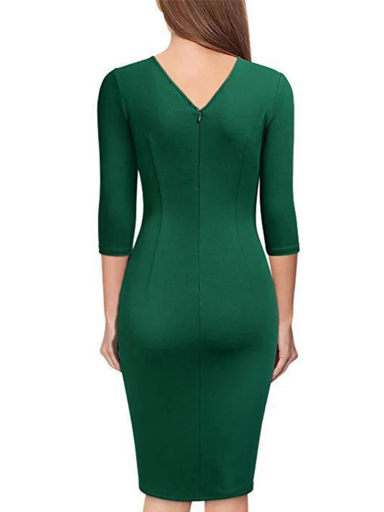 Office Lady Spring Dress V Neck Short Sleeve Dresses Women Pleat Bodycon Robe Vestido