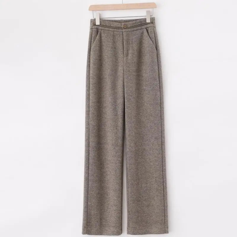 Fashion Office Lady Autumn Winter New Woolen Pants Women Solid Pockets Elastic High Waist Plus Velvet Straight Wide Leg Trousers