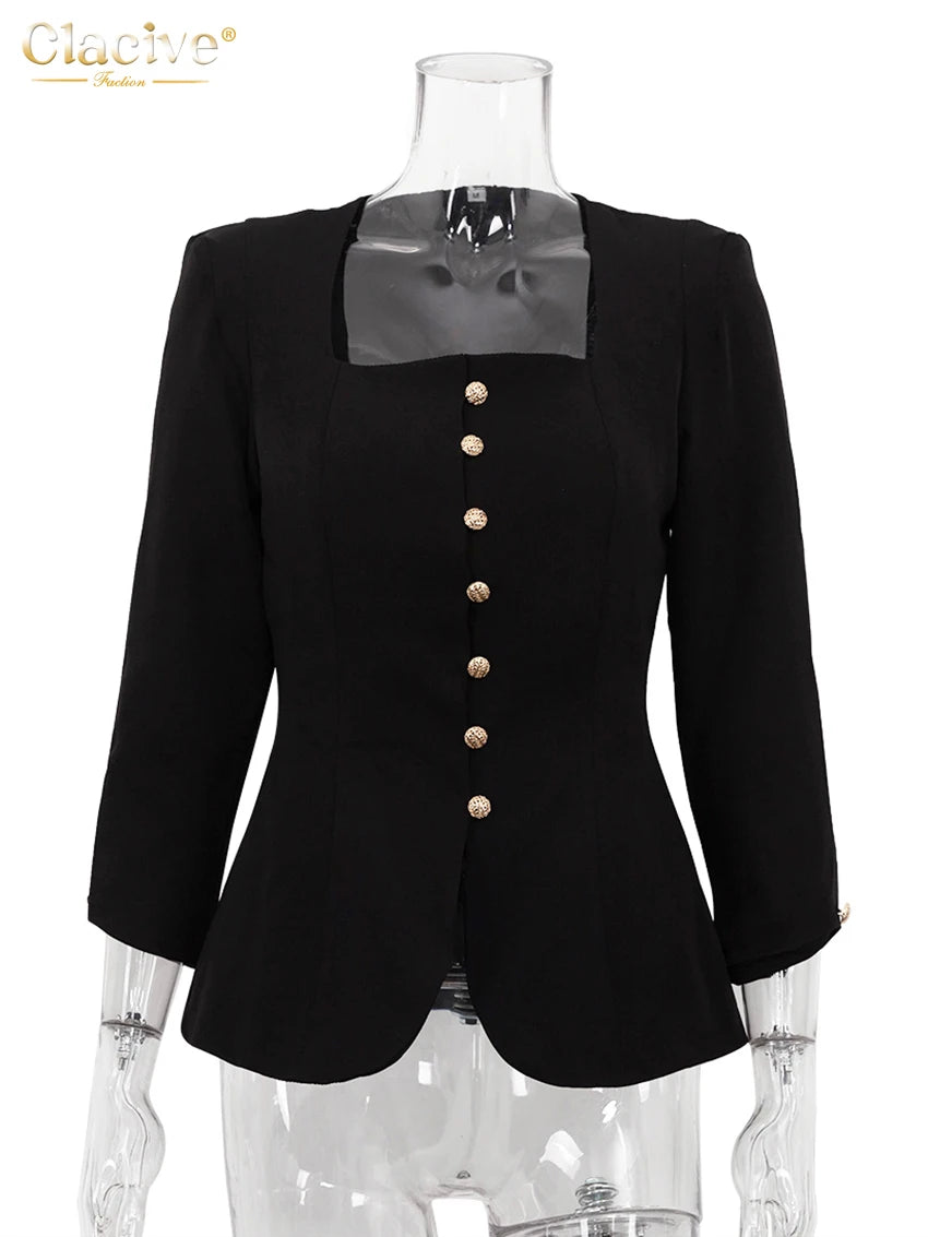 Clacive Bodycon Black Office Women's Shirt Fashion Square Collar Long Sleeve Shirts Elegant Classic Solid Tops Female Clothing
