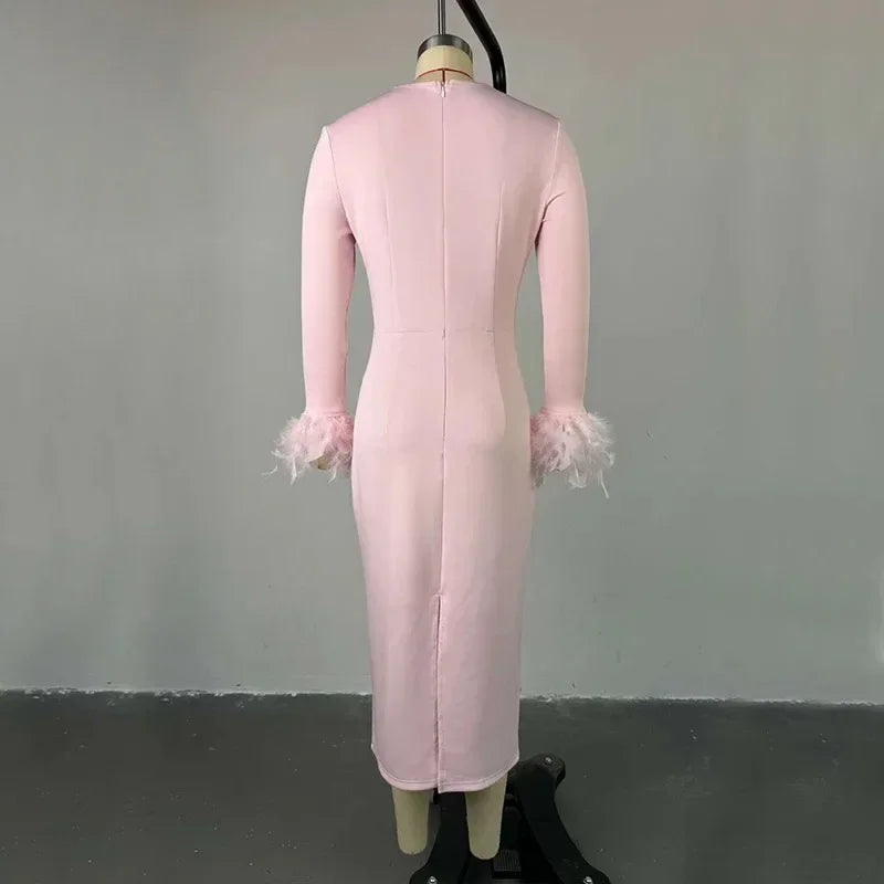 New Arrival Women Sexy High Waisted Long Sleeve Feather Trim Split Bandage Dress OL 2025 Elegant Evening Club Party Dresses