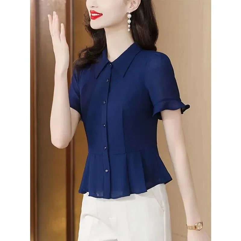 Women's Button Down Blouse Short Ruffle Sleeve Peplum Hem Chiffon Office Casual Top
