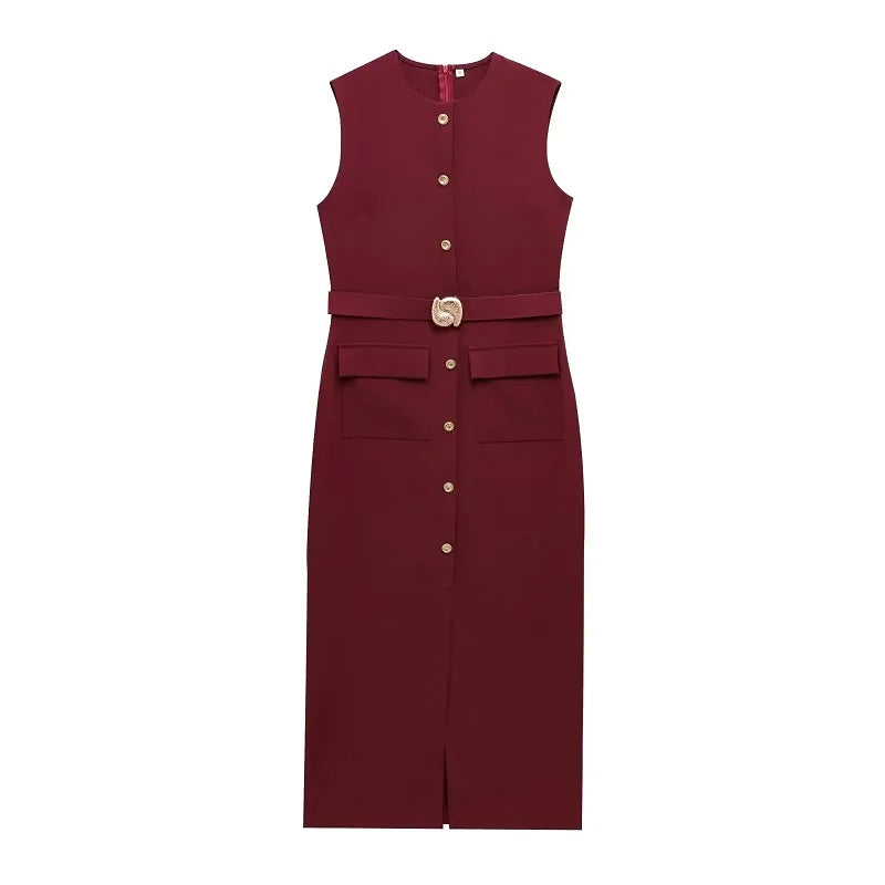 MUJER 2025 Womens Dresses Black Office Long Dresses for Women Spring Sleeveless Midi Dress Woman Belt Button Women's Dress Vest